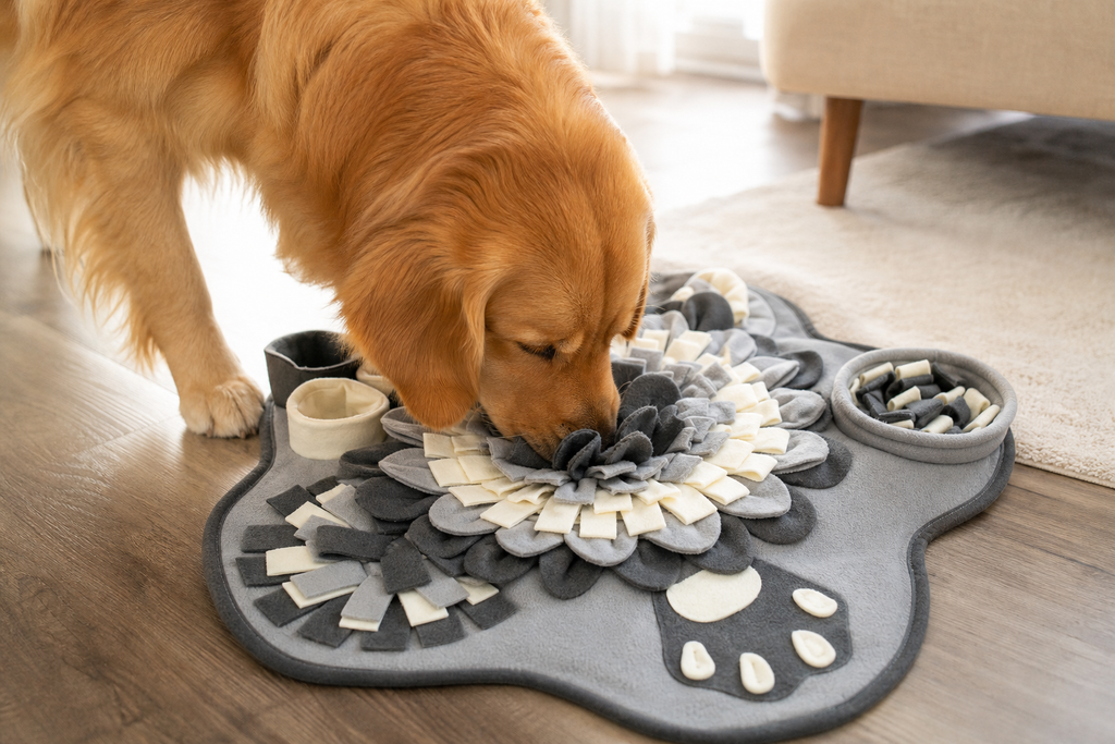 A golden retriever foraging on the Calm-Down Mat at home