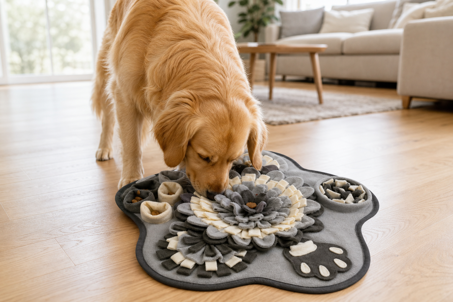 A dog using the Calm-Down Mat in a living room